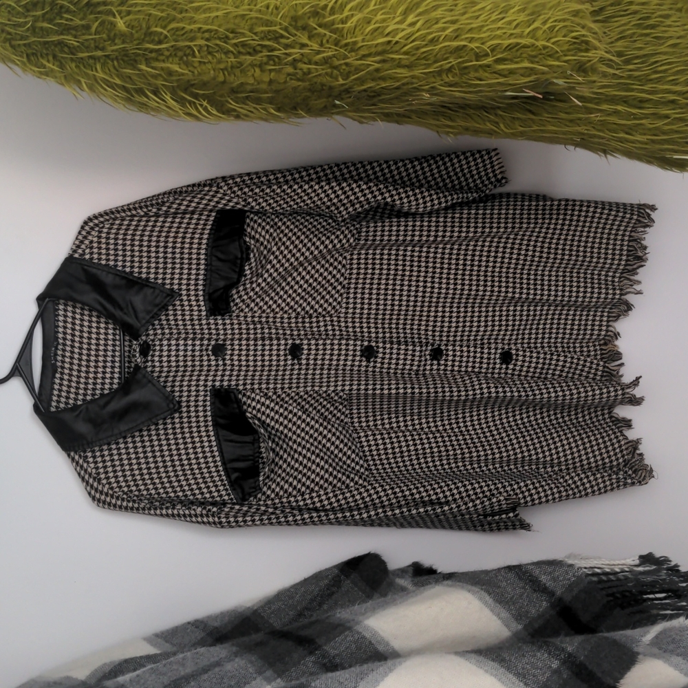 Houndstooth 3/4 sleeve fringe poncho